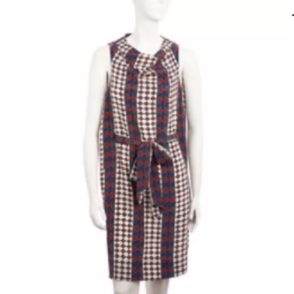 Marc Jacobs Navy and Burgundy Patterned Sleeveless Tie-Waist Dress